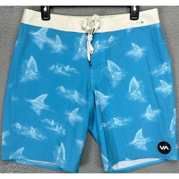 RCVA Swim Trunks Men 32 VA Blue Shark Fin Print Swimwear Drawstring Board Shorts - Picture 1 of 10
